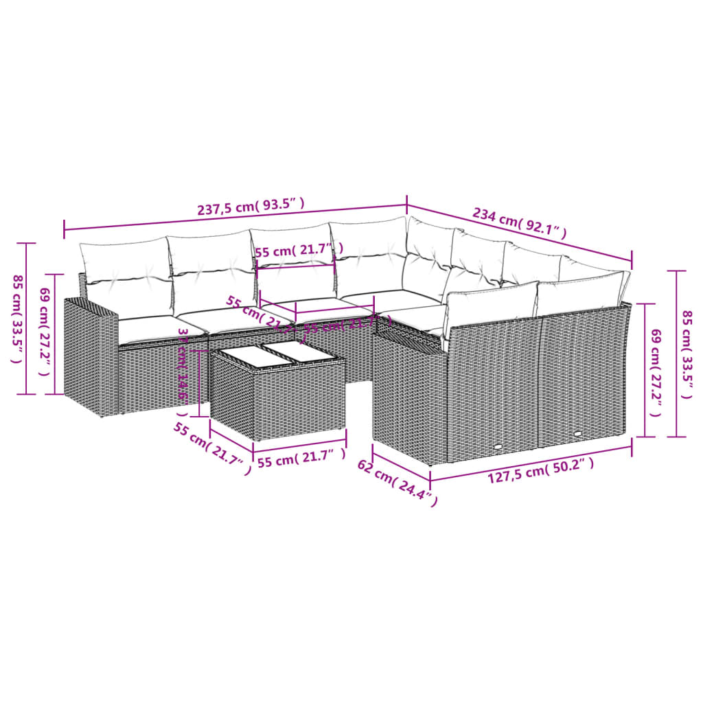 vidaXL Salon de jardin 9 pcs avec coussins Résine tressée Gris