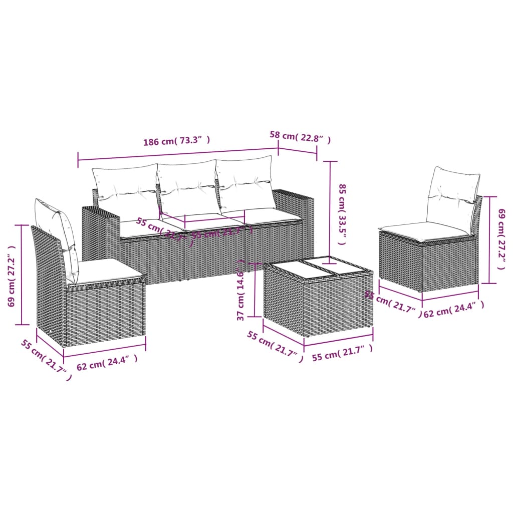 vidaXL Ensemble de canapés de jardin 6 pcs avec coussins gris résine tressée