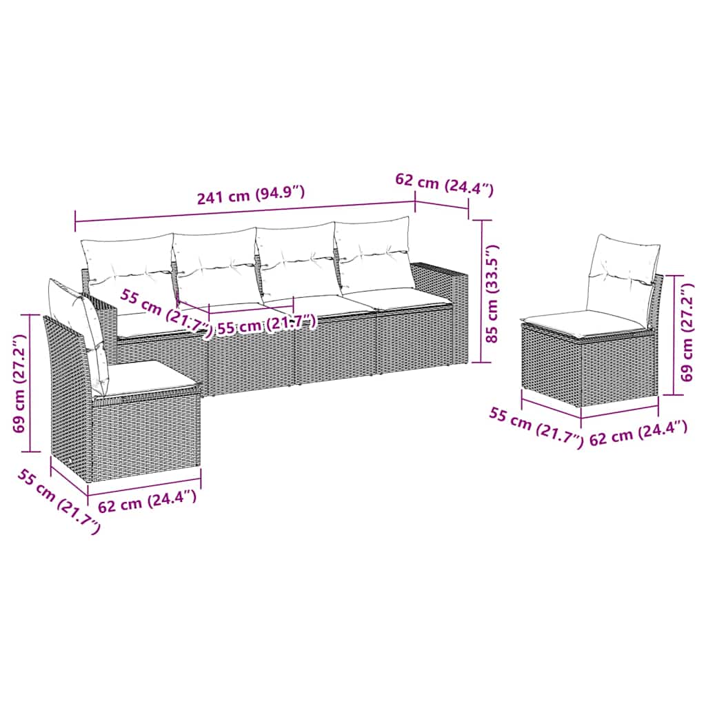 vidaXL 6-tlg. Garten-Sofagarnitur mit Kissen Schwarz Poly Rattan