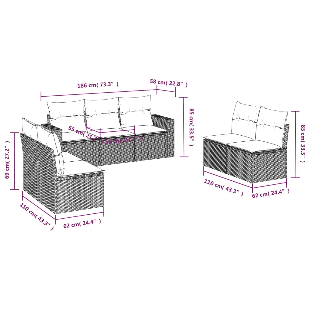 vidaXL Salon de jardin 7 pcs avec coussins Noir Résine tressée