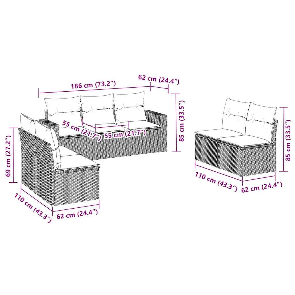 vidaXL 7-tlg. Garten-Sofagarnitur mit Kissen Schwarz Poly Rattan