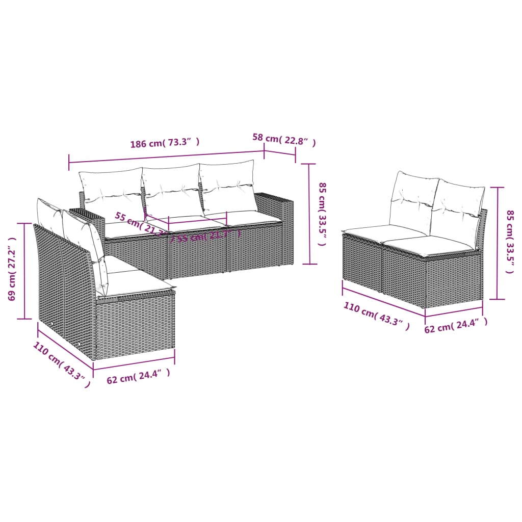 vidaXL Salon de jardin 7 pièces avec coussins en résine tressée beige