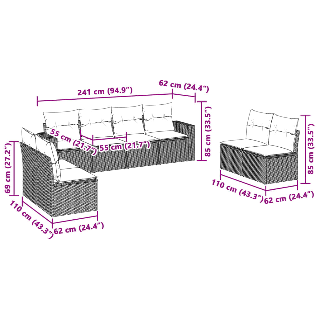 vidaXL Salon de jardin 8 pcs avec coussins Gris clair résine tressée