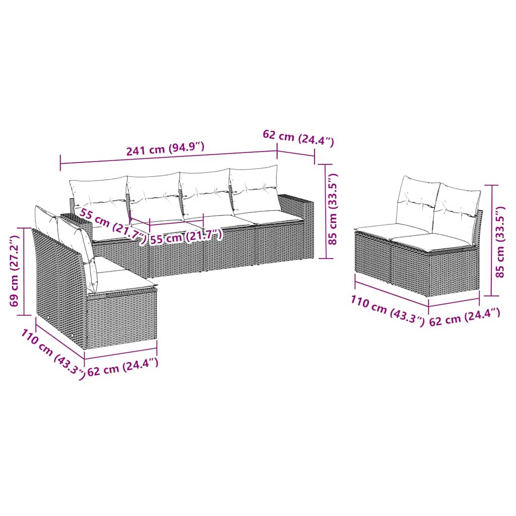8-tlg. Garten-Sofagarnitur mit Kissen Braun Poly Rattan