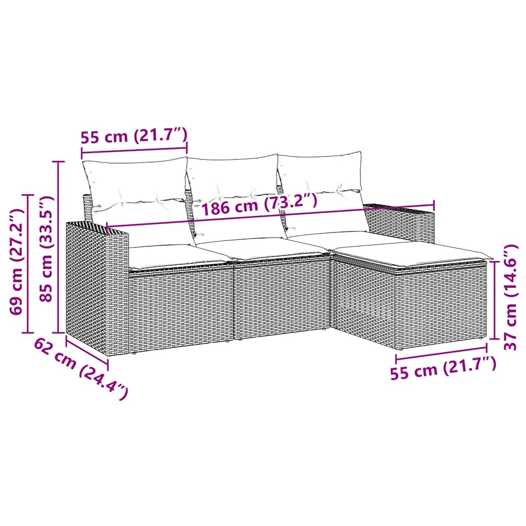 4-tlg. Garten-Sofagarnitur mit Kissen Schwarz Poly Rattan