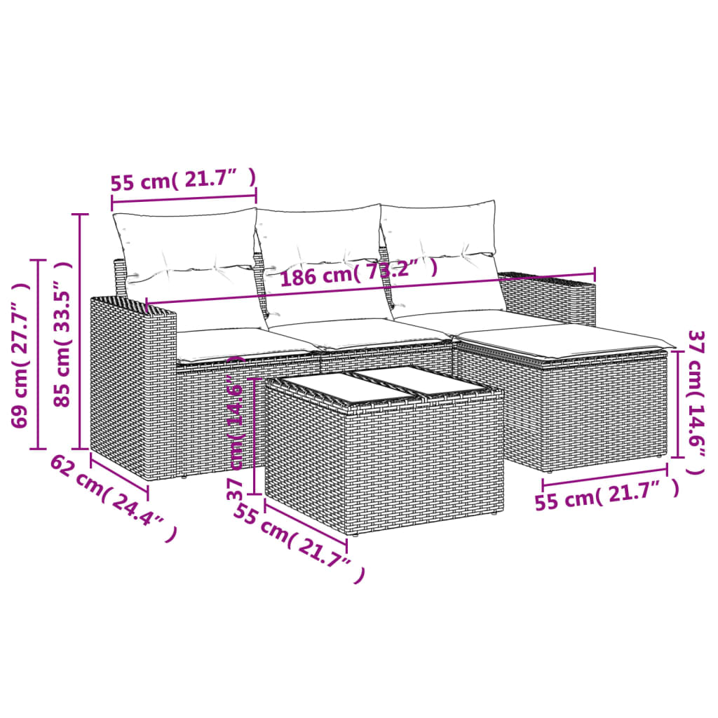 vidaXL Ensemble de canapés de jardin 5 pcs avec coussins, résine tressée noire