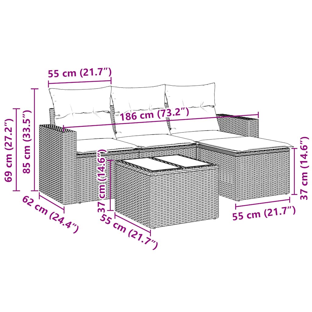 vidaXL 5-tlg. Garten-Sofagarnitur mit Kissen Schwarz Poly Rattan