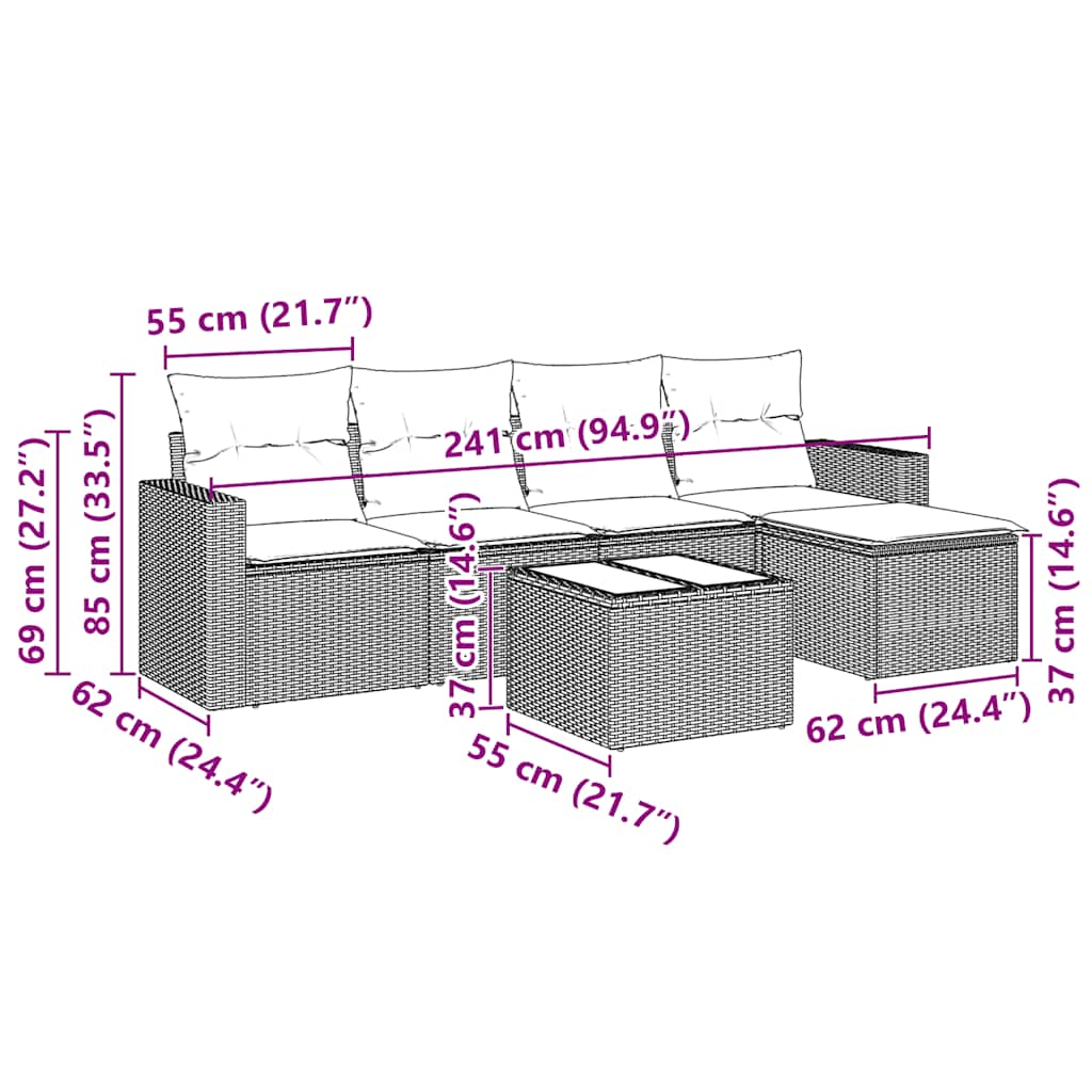 vidaXL 6-tlg. Garten-Sofagarnitur mit Kissen Schwarz Poly Rattan