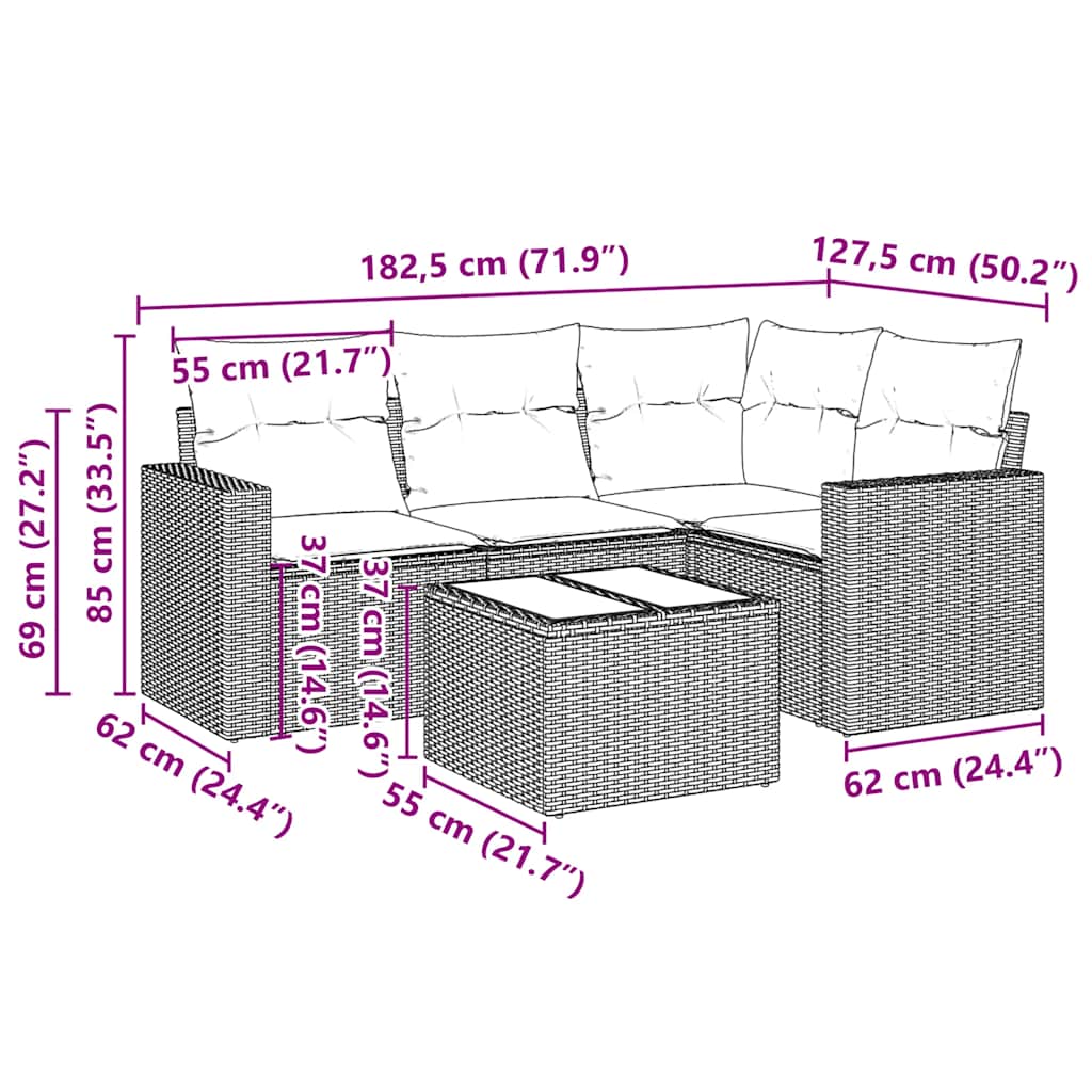 vidaXL 5-tlg. Garten-Sofagarnitur mit Kissen Schwarz Poly Rattan