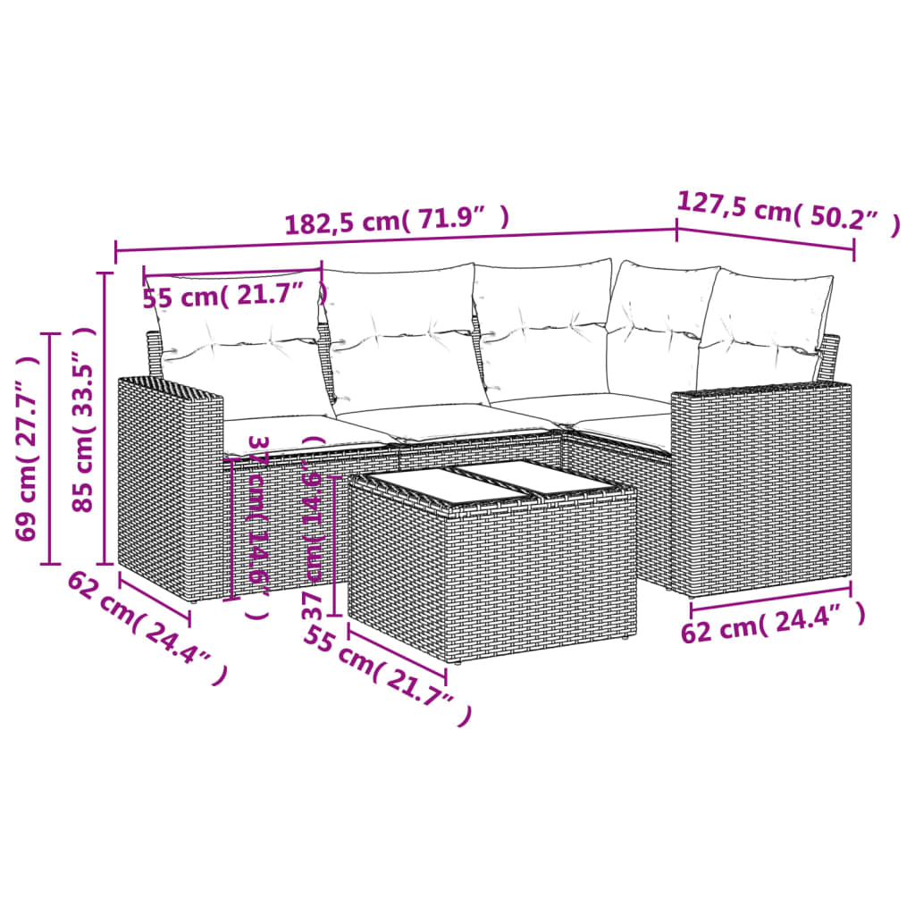 vidaXL 5-tlg. Garten-Sofagarnitur mit Kissen Braun Poly Rattan