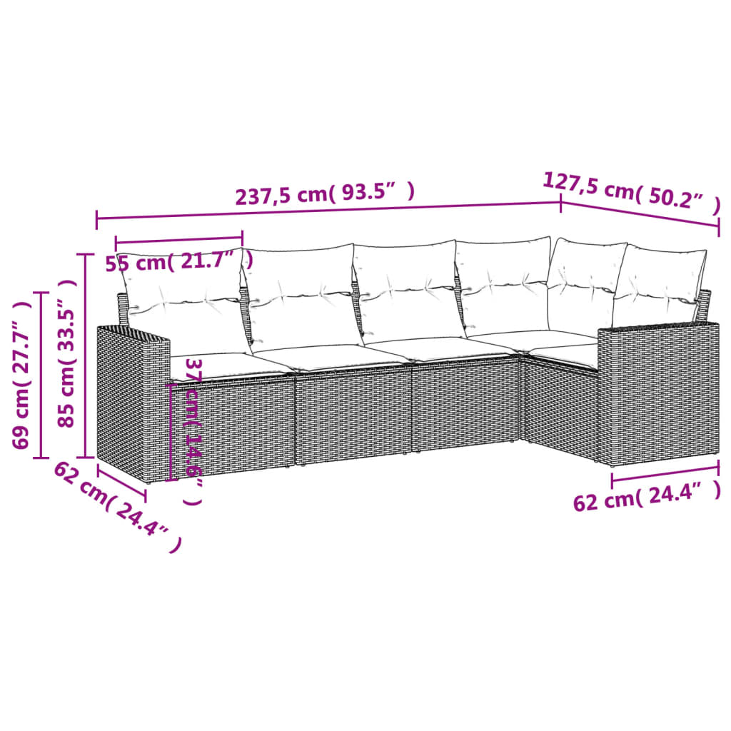 vidaXL Ensemble de canapés de jardin 5 pcs avec coussins, résine tressée noire