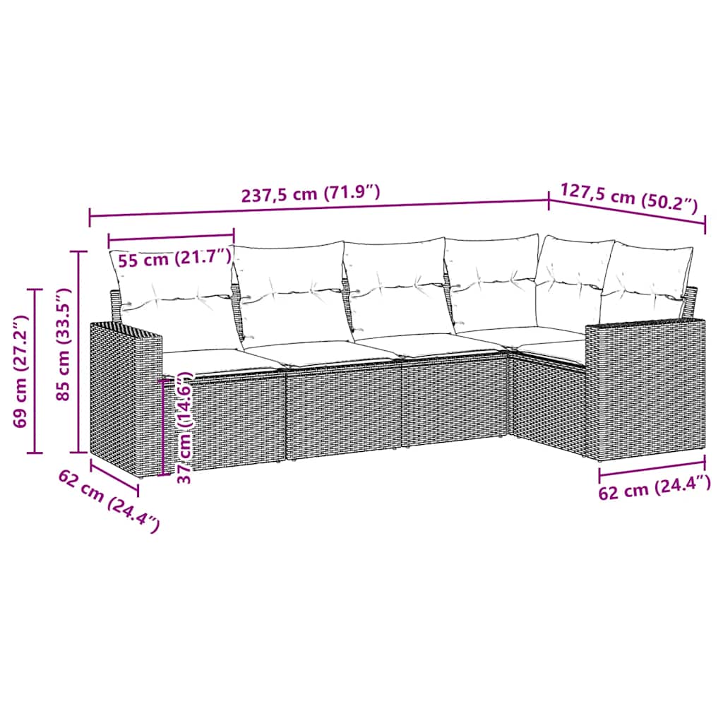 vidaXL 5-tlg. Garten-Sofagarnitur mit Kissen Braun Poly Rattan