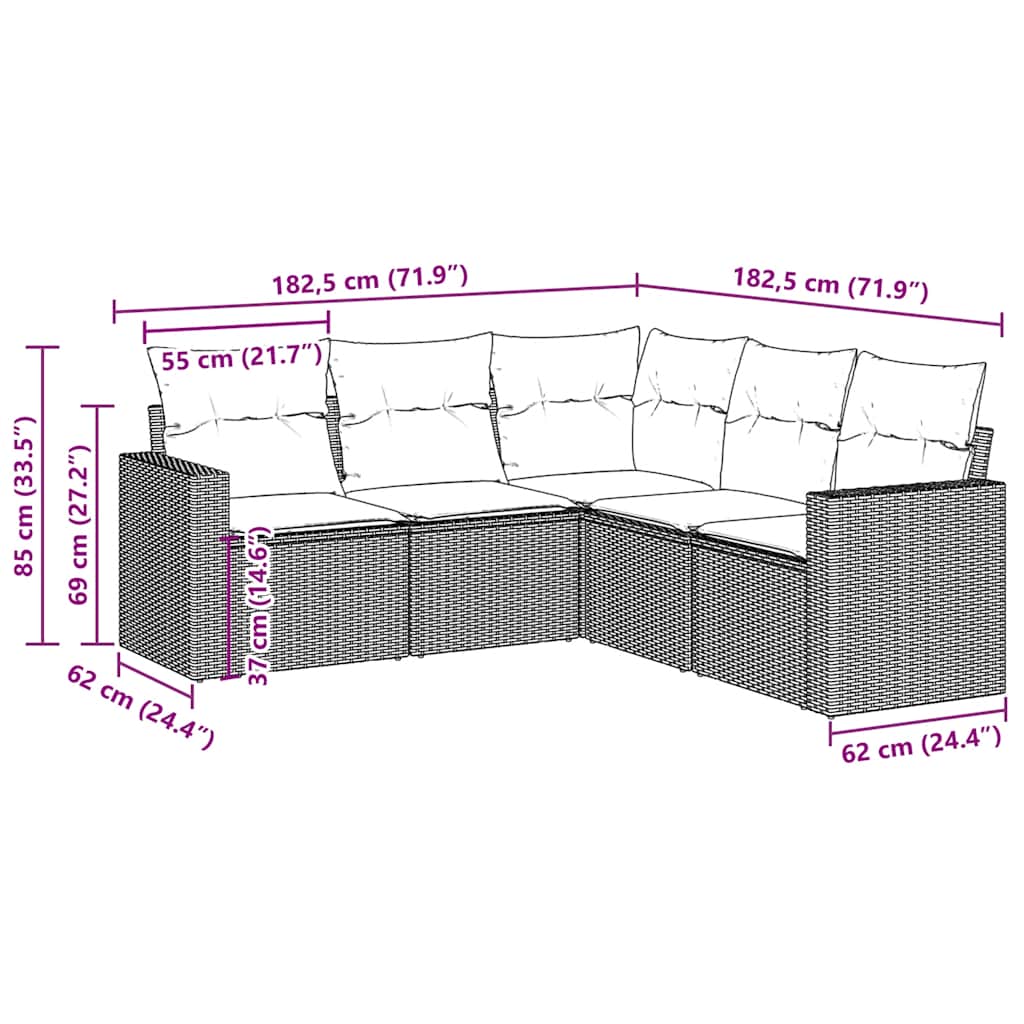 vidaXL 5-tlg. Garten-Sofagarnitur mit Kissen Braun Poly Rattan