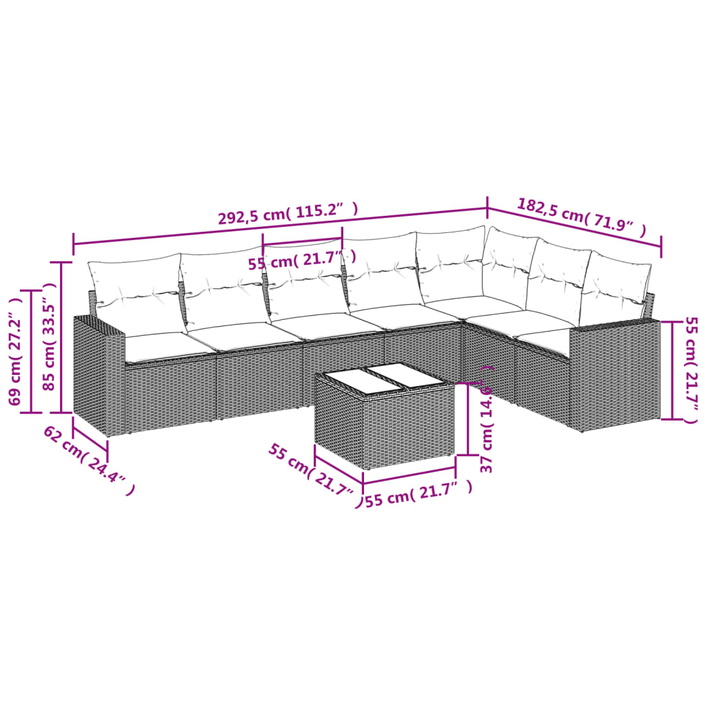 vidaXL 8-tlg. Garten-Sofagarnitur mit Kissen Hellgrau Poly Rattan