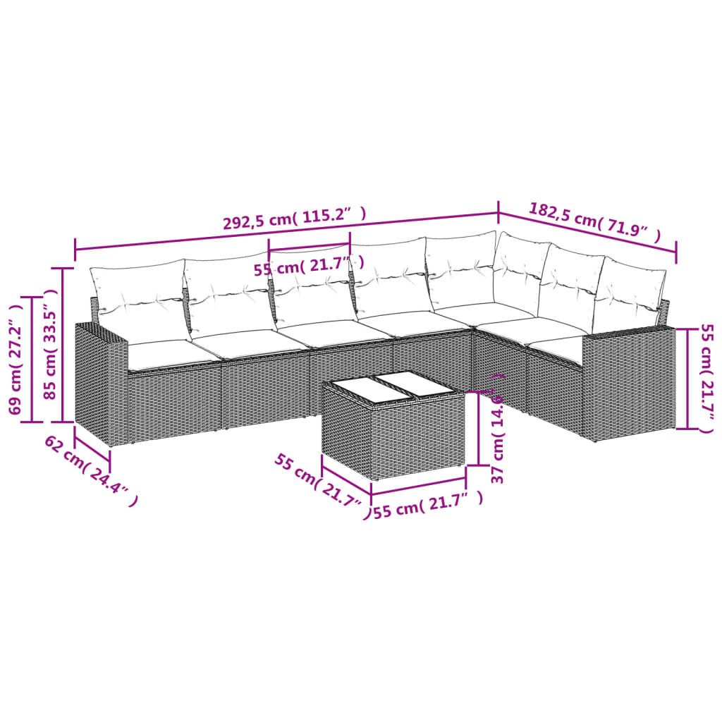 vidaXL 8-tlg. Garten-Sofagarnitur mit Kissen Braun Poly Rattan