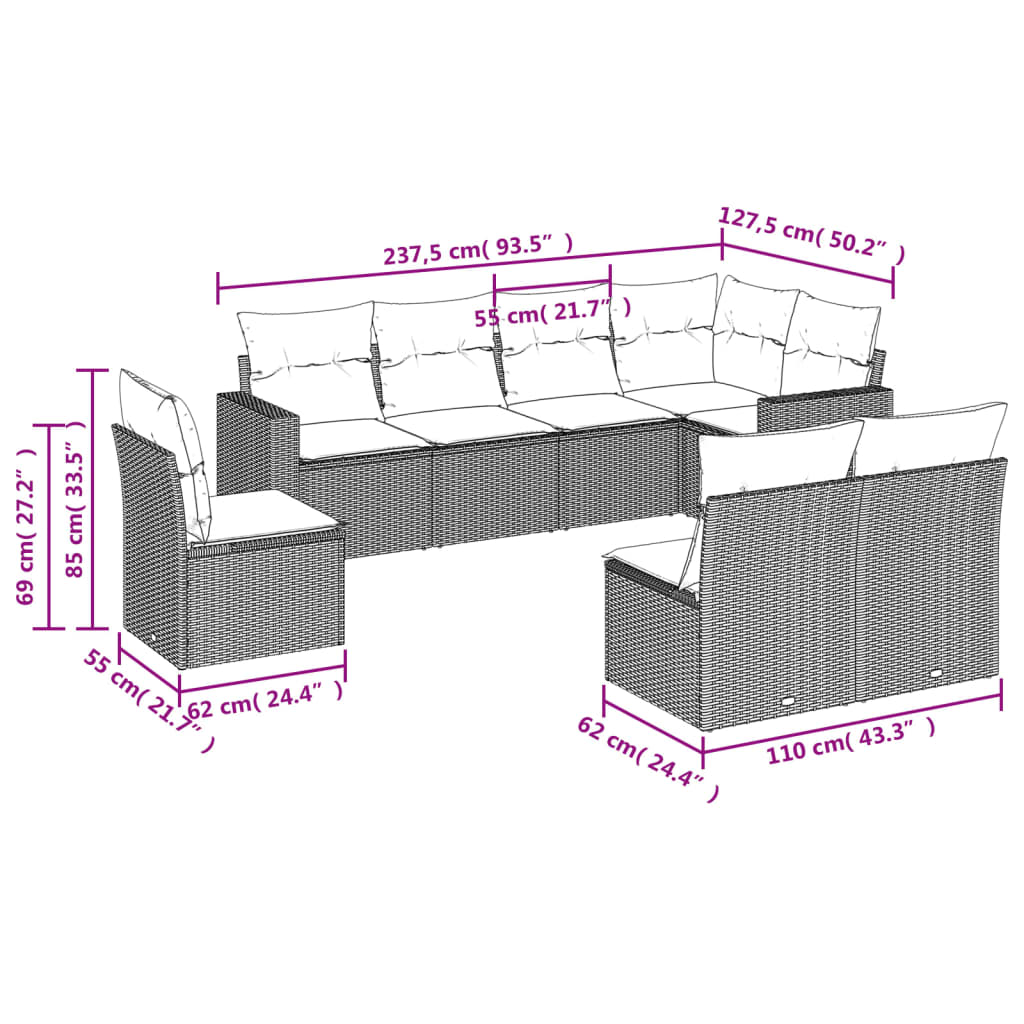 vidaXL 8-tlg. Garten-Sofagarnitur mit Kissen Hellgrau Poly Rattan