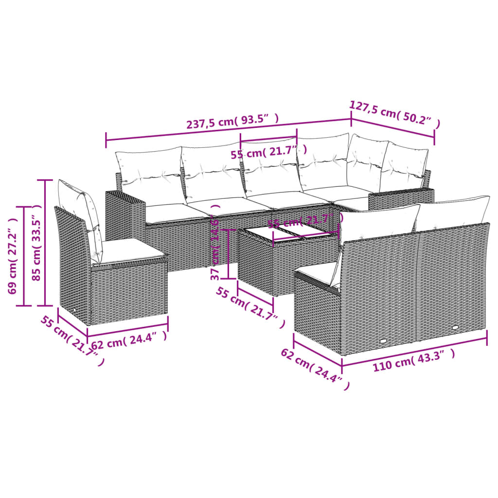vidaXL Salon de jardin 9 pcs avec coussins Noir Résine tressée
