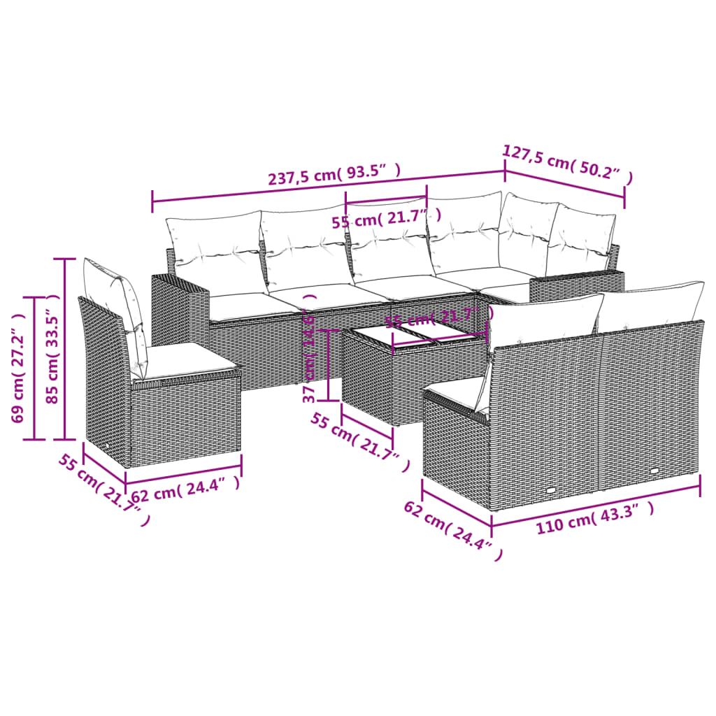 vidaXL Salon de jardin 9 pcs avec coussins Résine tressée Beige