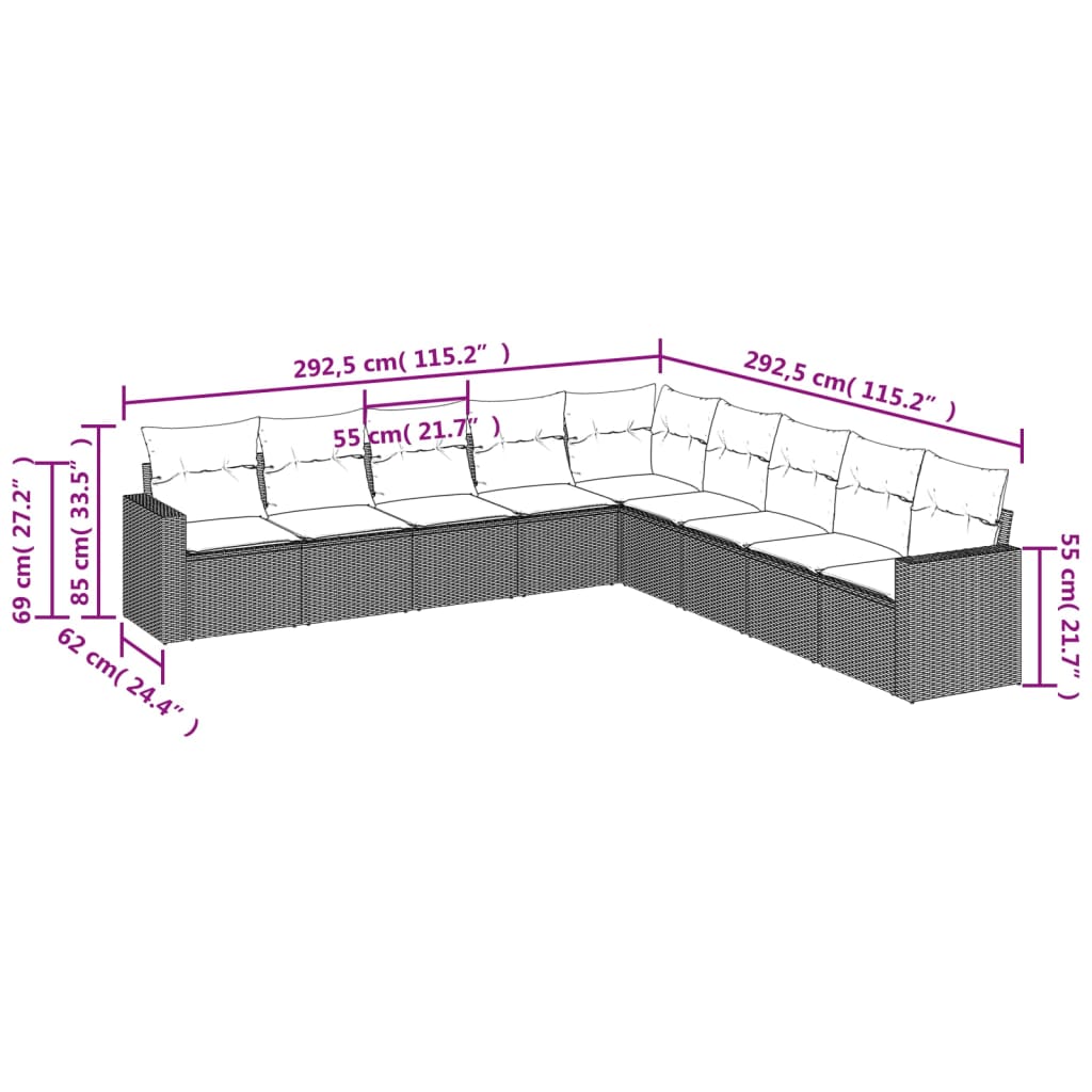 vidaXL Ensemble de canapés de jardin 9 pcs avec coussins résine tressée marron