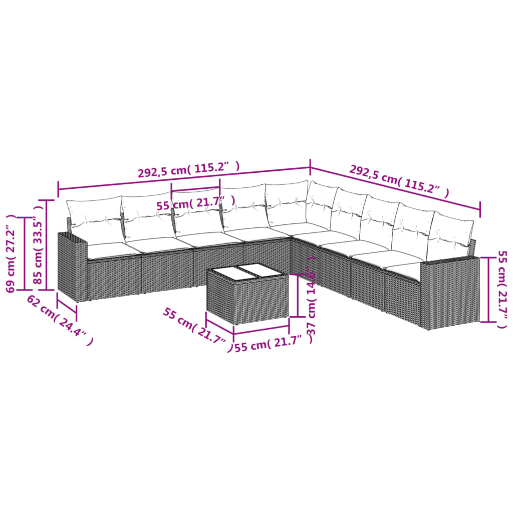 vidaXL Salon de jardin 10 pcs avec coussins Noir Résine tressée