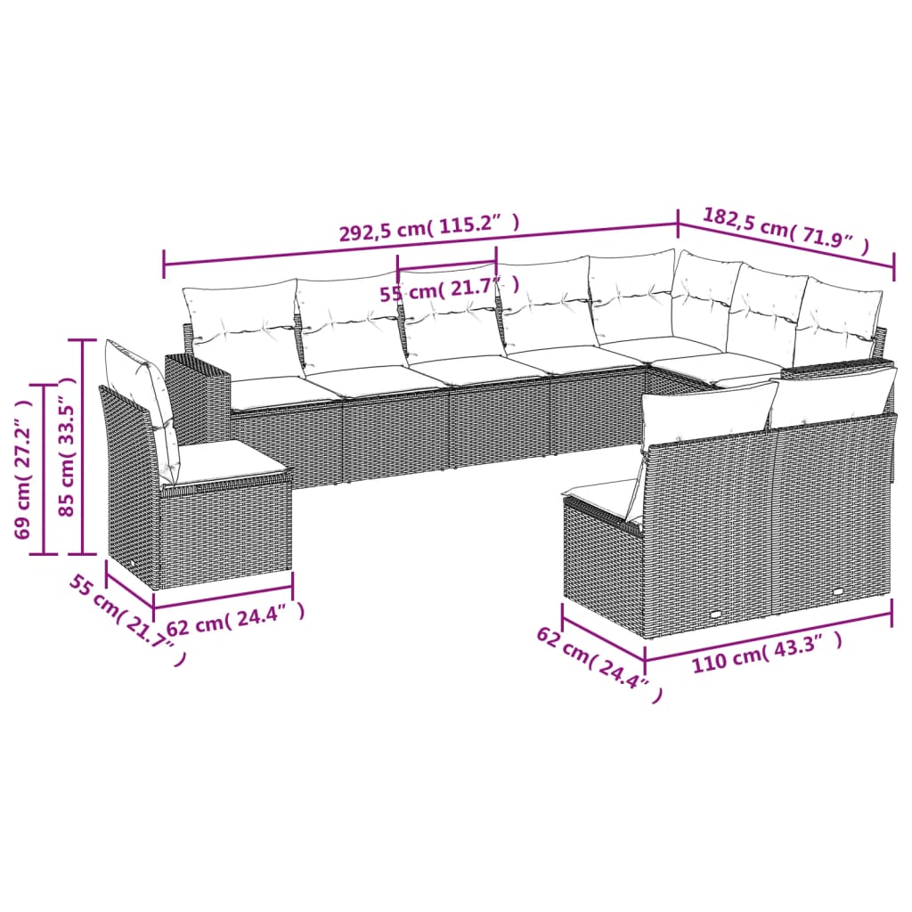 vidaXL Salon de jardin 10 pcs avec coussins résine tressée gris