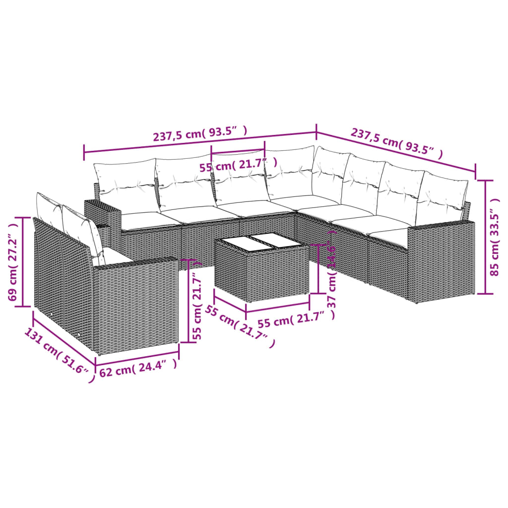 vidaXL 10-tlg. Garten-Sofagarnitur mit Kissen Braun Poly Rattan