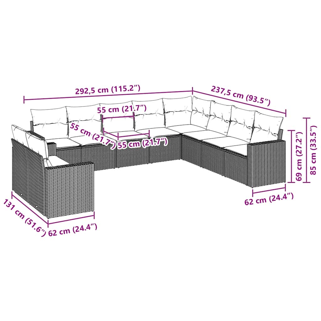 vidaXL 10-tlg. Garten-Sofagarnitur mit Kissen Braun Poly Rattan