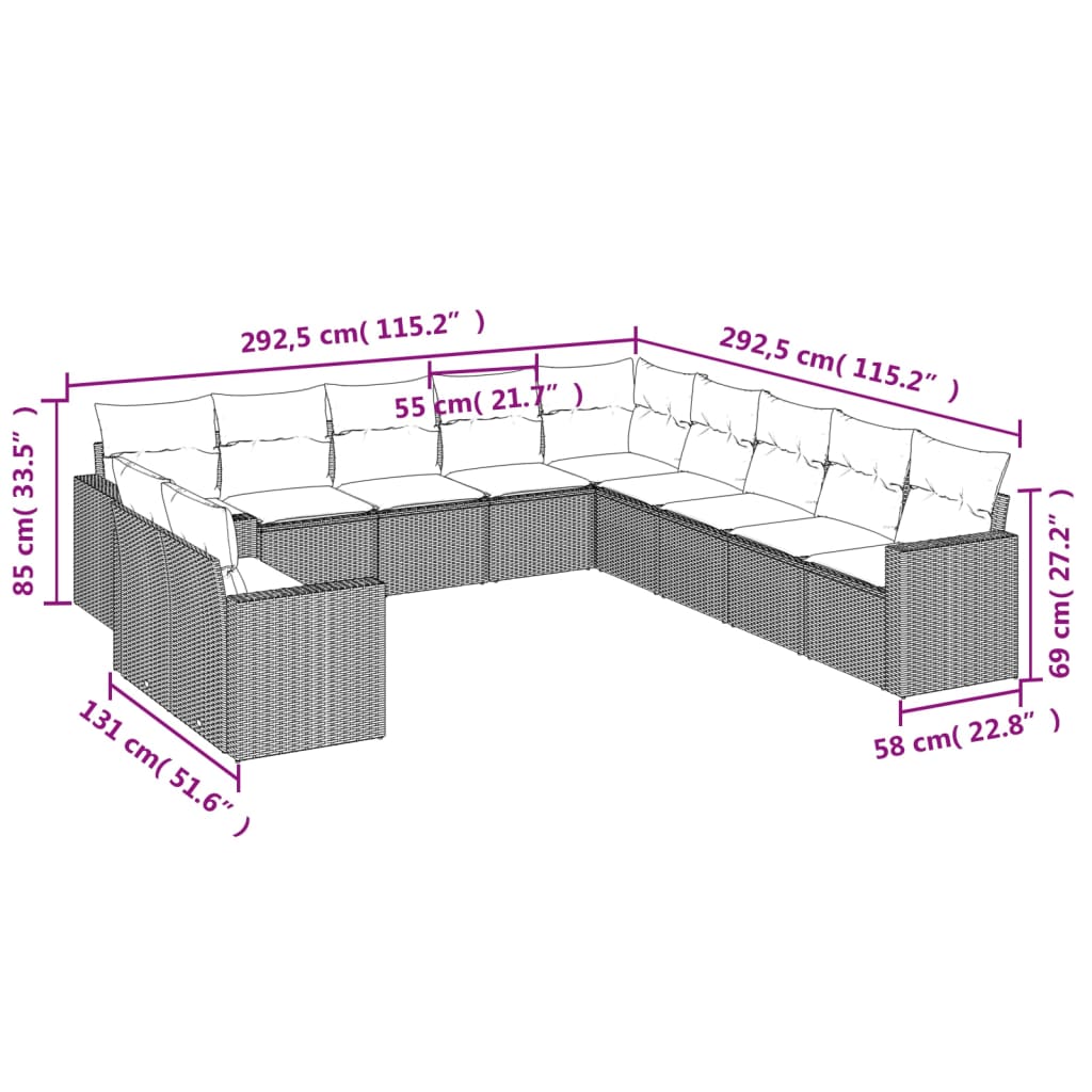 vidaXL Salon de jardin 11 pcs avec coussins Noir Résine tressée