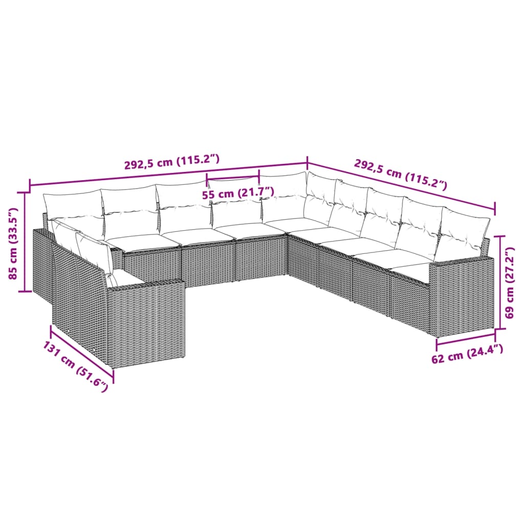 vidaXL 11-tlg. Garten-Sofagarnitur mit Kissen Hellgrau Poly Rattan