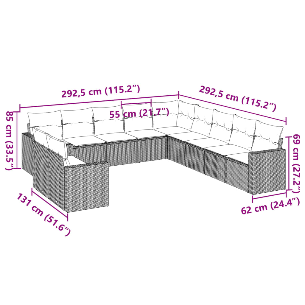 vidaXL Salon de jardin 11 pcs avec coussins marron résine tressée