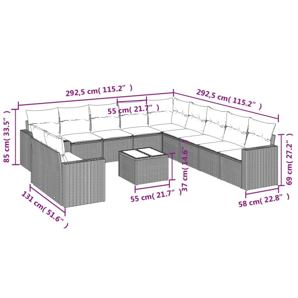vidaXL Salon de jardin 12 pcs avec coussins Résine tressée Gris