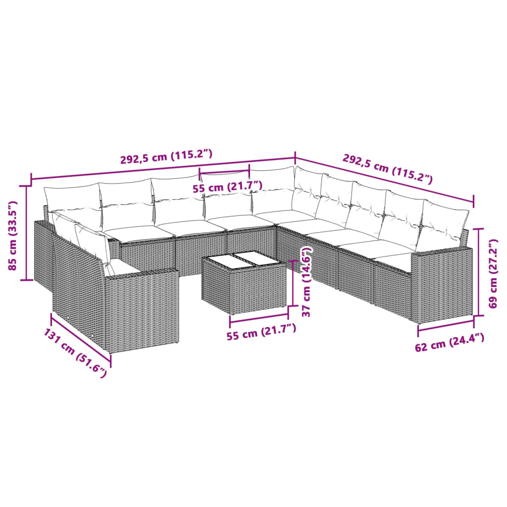 vidaXL 12-tlg. Garten-Sofagarnitur mit Kissen Hellgrau Poly Rattan