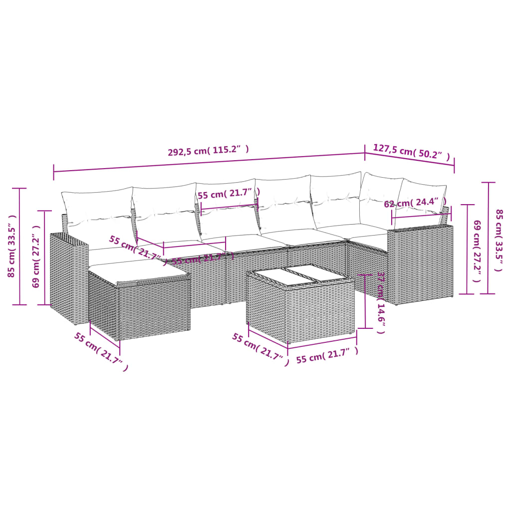 vidaXL Canapé d'angle de jardin 8 pcs avec coussins Résine tressée Beige
