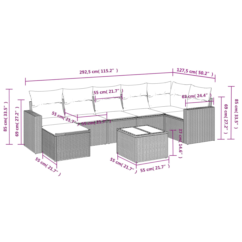 vidaXL 8-tlg. Garten-Sofagarnitur mit Kissen Hellgrau Poly Rattan