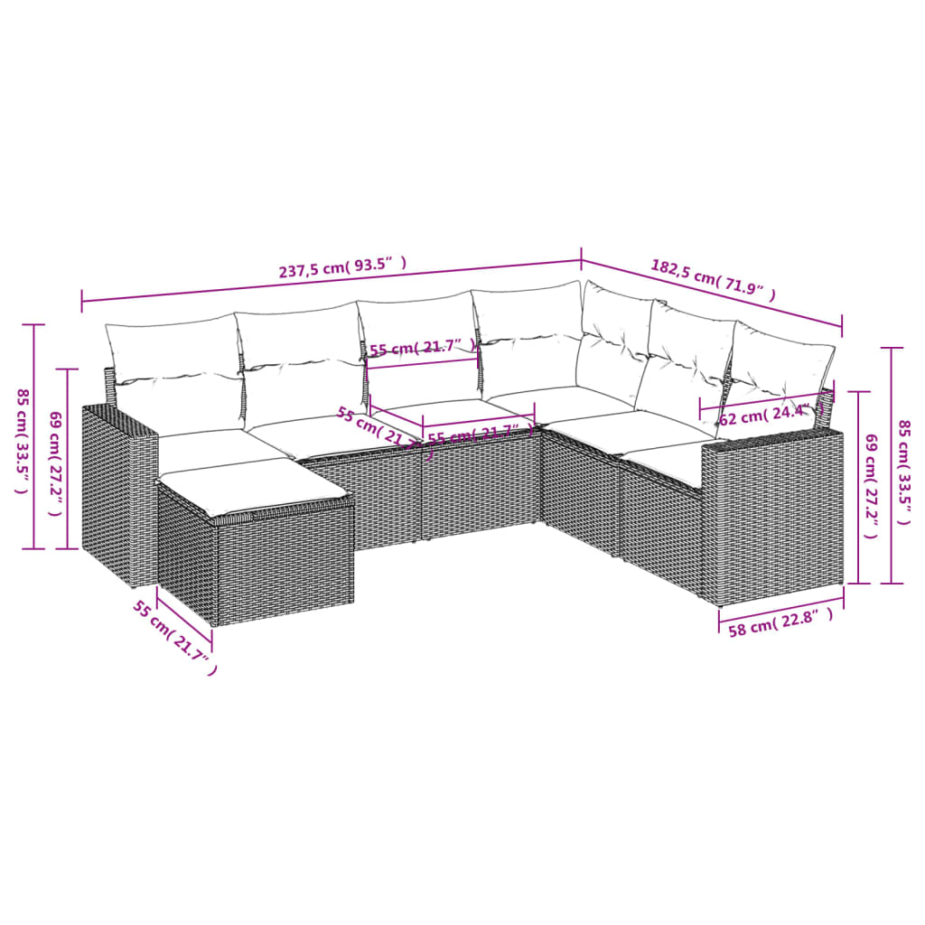 vidaXL Salon de jardin 7 pièces avec coussins en résine tressée beige