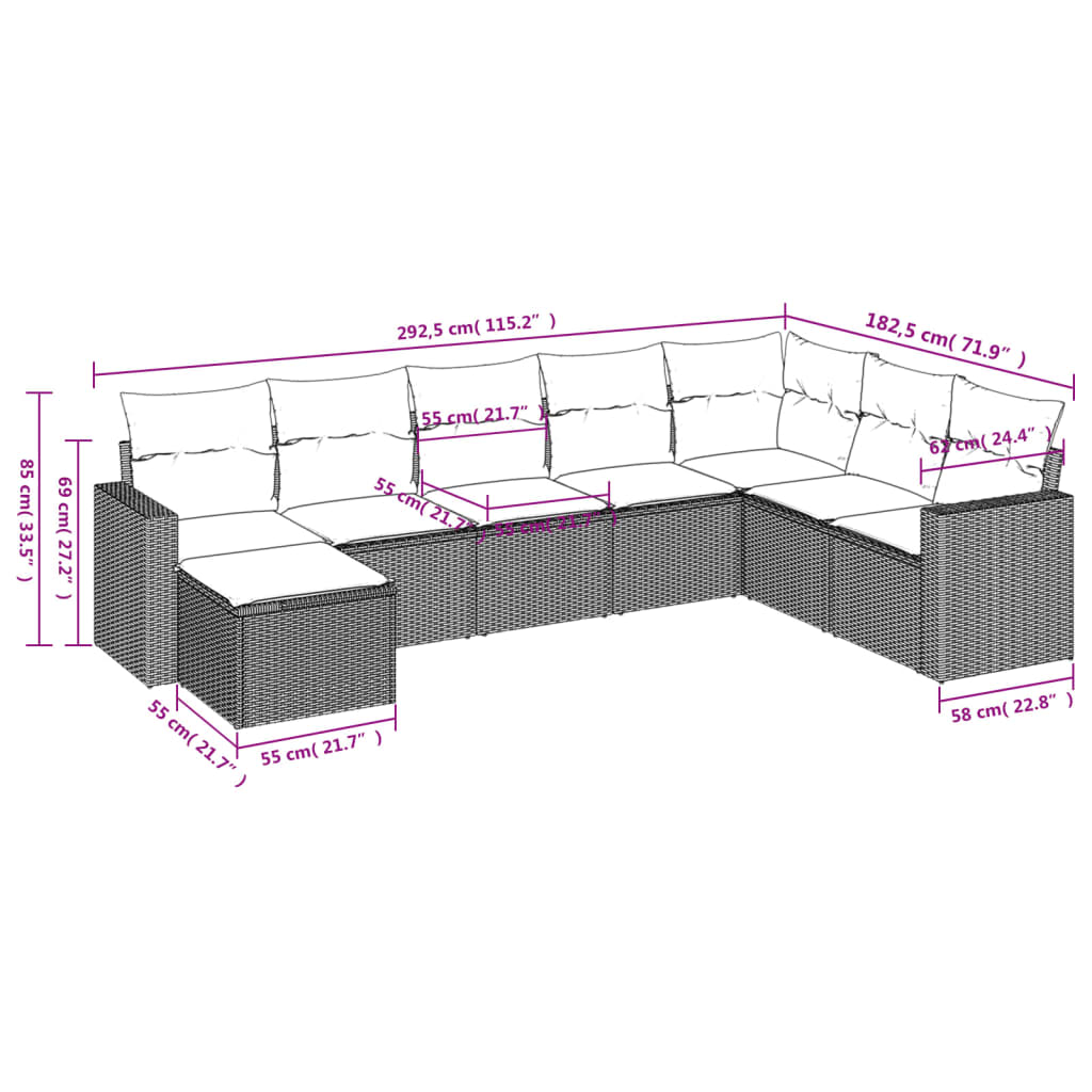 vidaXL Salon de jardin 8 pcs avec coussins Gris clair résine tressée