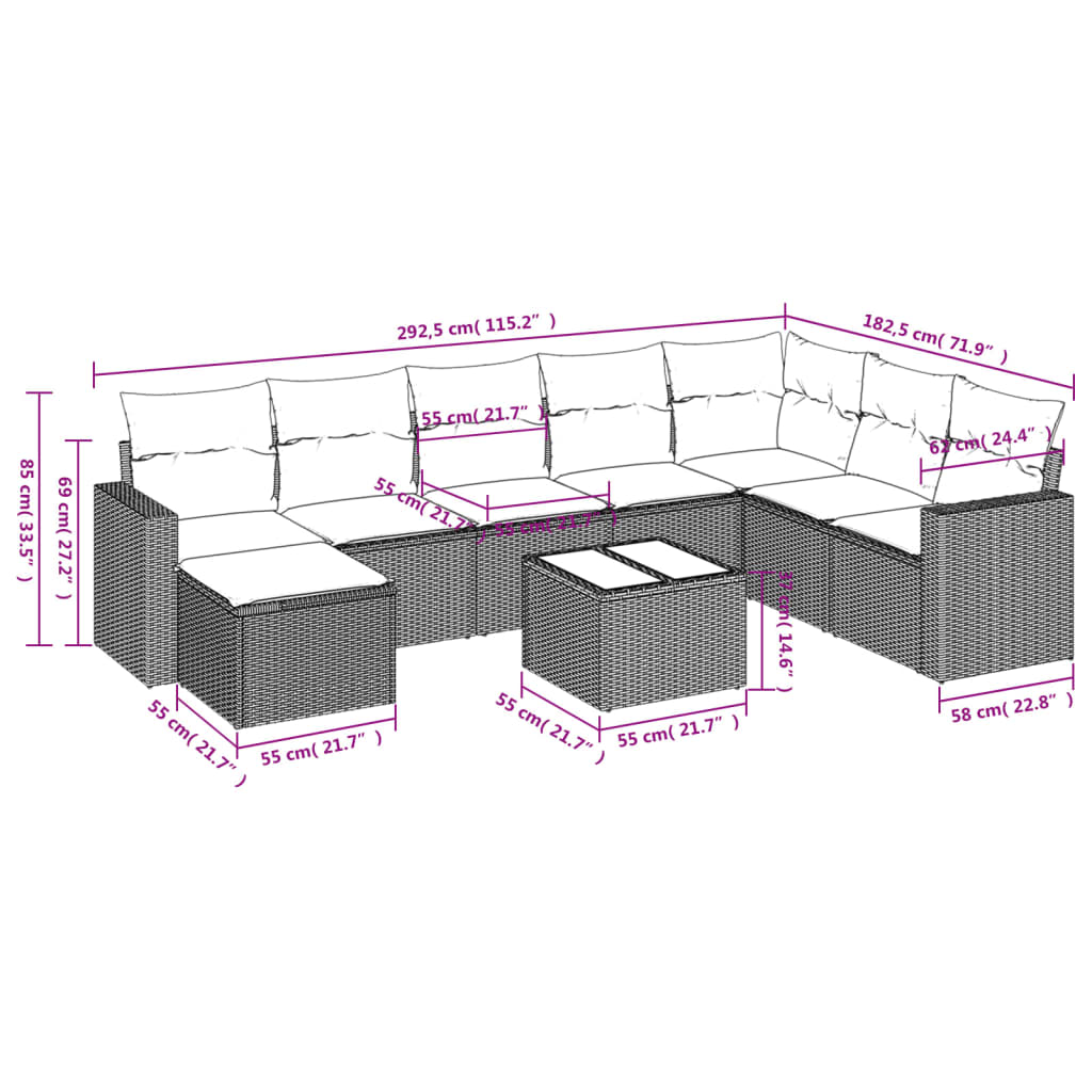 vidaXL Salon de jardin 9 pcs avec coussins Noir Résine tressée