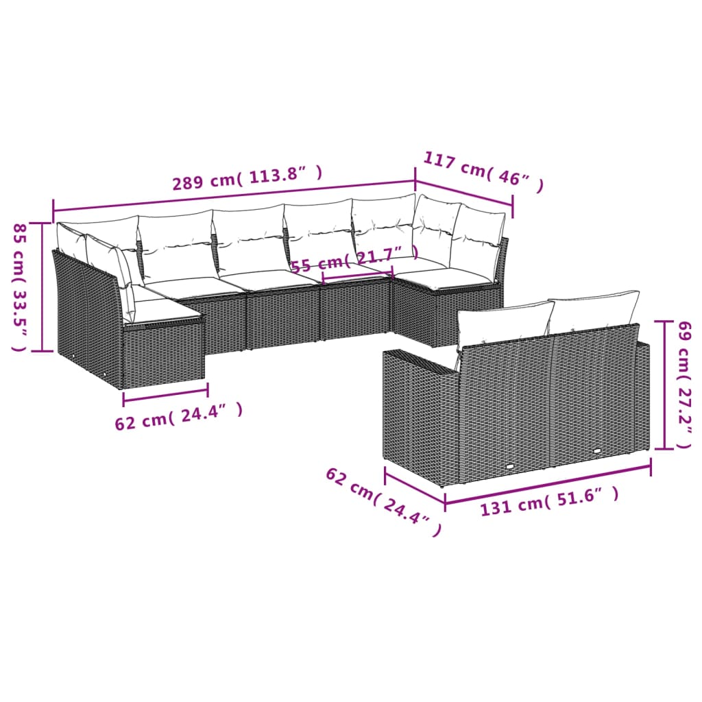vidaXL 9-tlg. Garten-Sofagarnitur mit Kissen Braun Poly Rattan