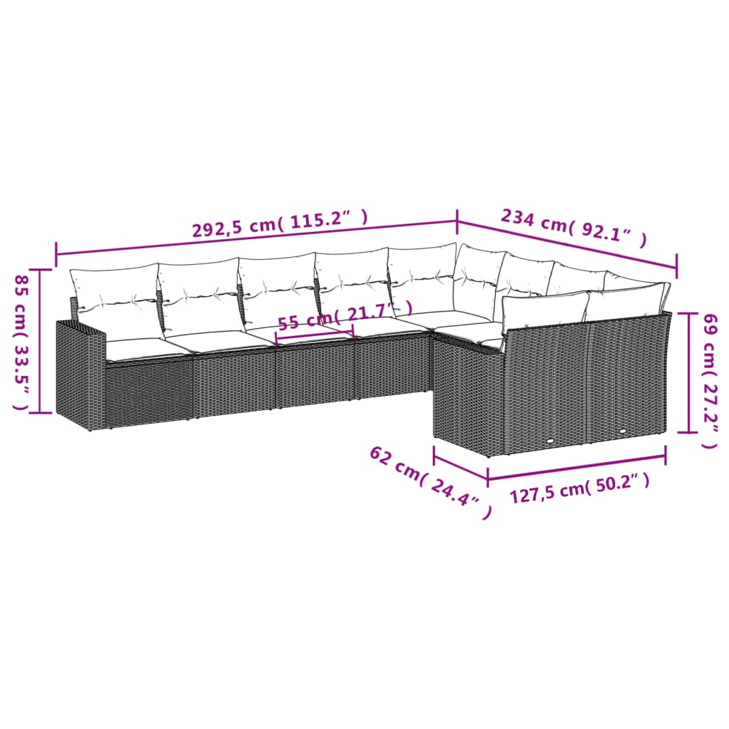 vidaXL Salon de jardin 9 pcs avec coussins Gris clair résine tressée