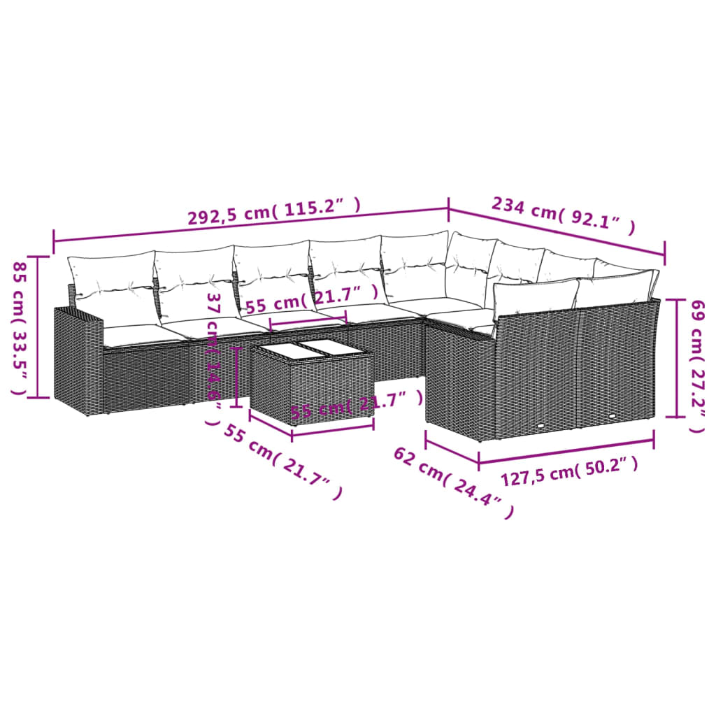 vidaXL 10-tlg. Garten-Sofagarnitur mit Kissen Braun Poly Rattan