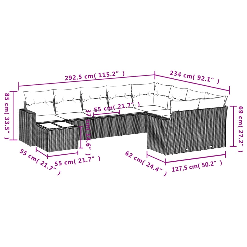vidaXL Salon de jardin 10 pcs avec coussins Noir Résine tressée