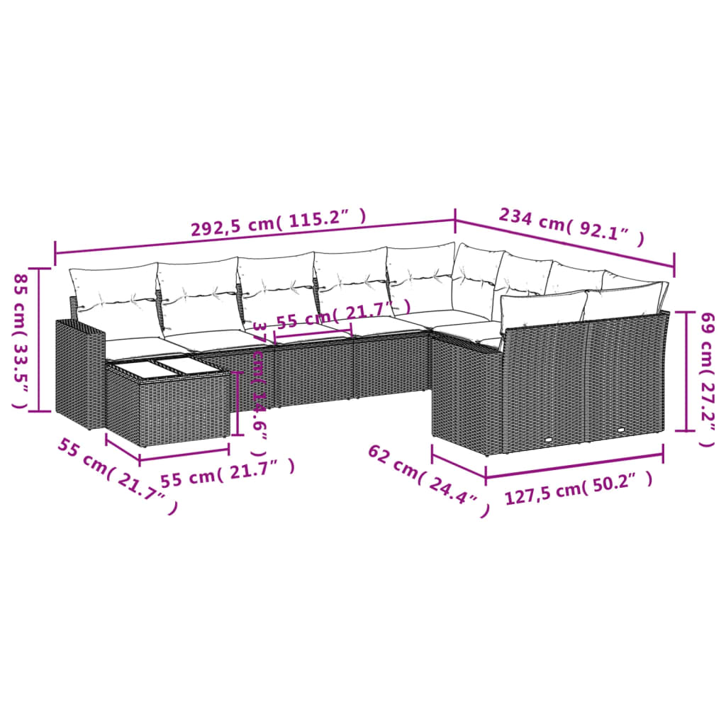 vidaXL Salon de jardin 10 pcs avec coussins Noir Résine tressée