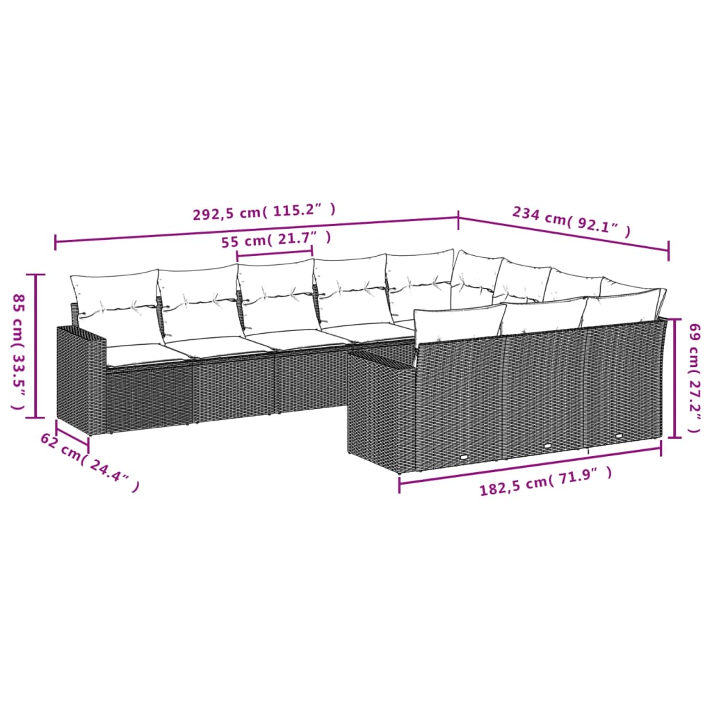 vidaXL Salon de jardin 10 pcs avec coussins gris clair résine tressée