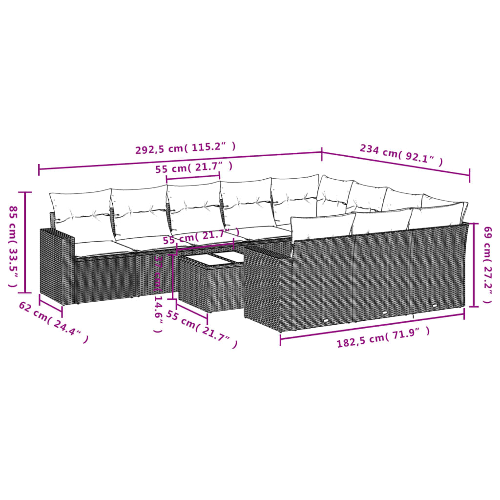 vidaXL 11-tlg. Garten-Sofagarnitur mit Kissen Braun Poly Rattan