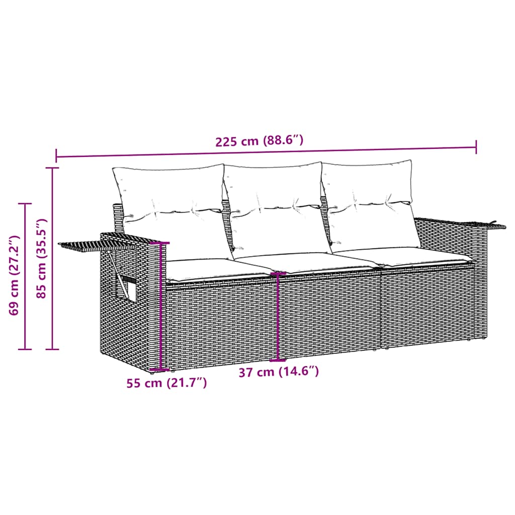 vidaXL 3-tlg. Garten-Sofagarnitur mit Kissen Braun Poly Rattan