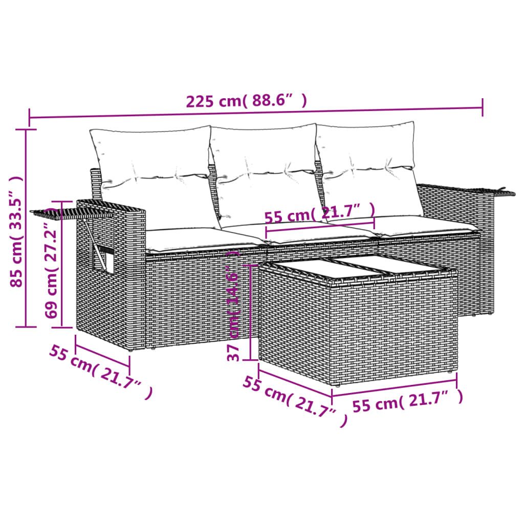 vidaXL 4-tlg. Garten-Sofagarnitur mit Kissen Grau Poly Rattan