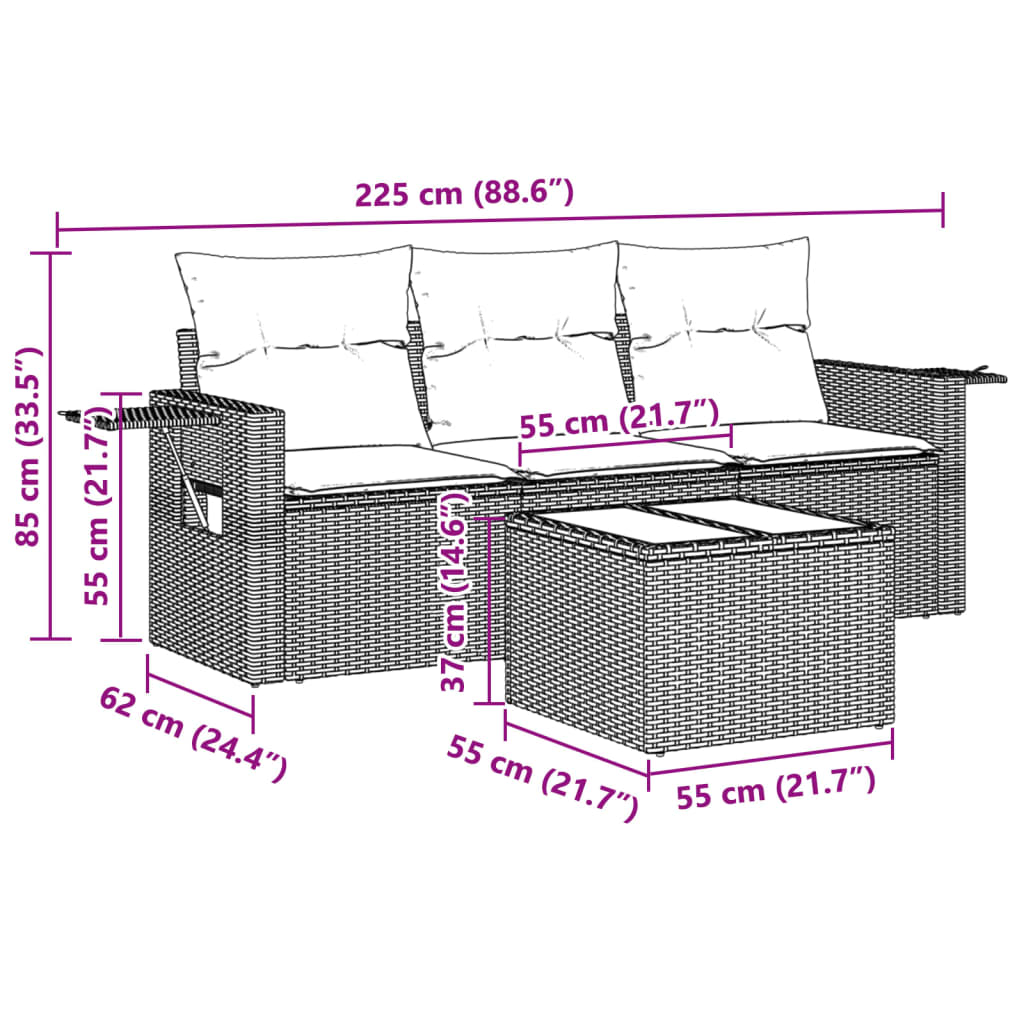 vidaXL 4-tlg. Garten-Sofagarnitur mit Kissen Hellgrau Poly Rattan