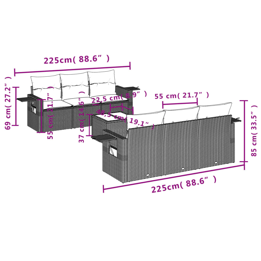 vidaXL 7-tlg. Garten-Sofagarnitur mit Kissen Grau Poly Rattan