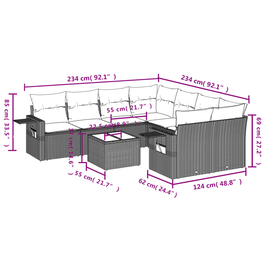 9-tlg. Garten-Sofagarnitur mit Kissen Schwarz Poly Rattan