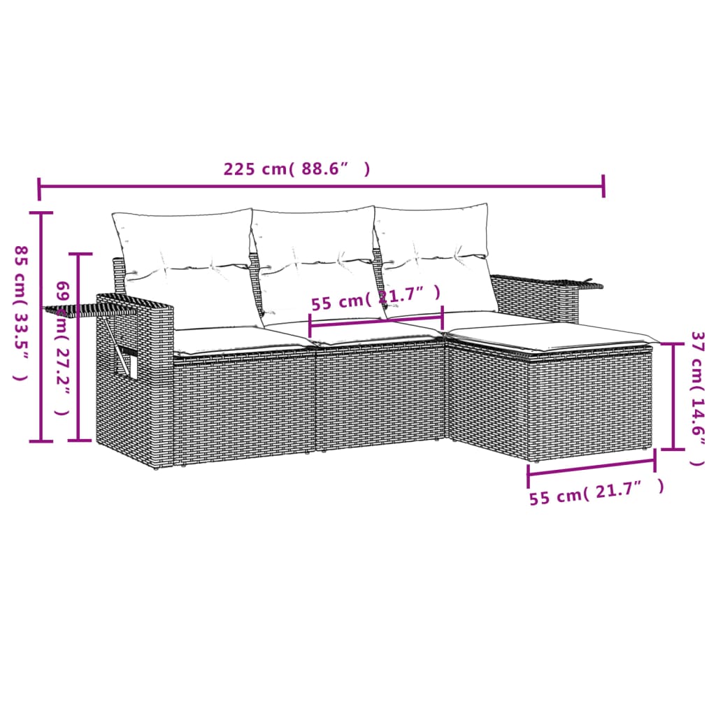 vidaXL 4-tlg. Garten-Sofagarnitur mit Kissen Schwarz Poly Rattan